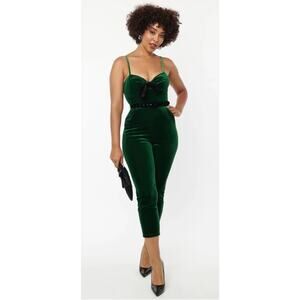 Unique Vintage Emerald Green Velvet Crop Jumpsuit 1X 16 NWOT